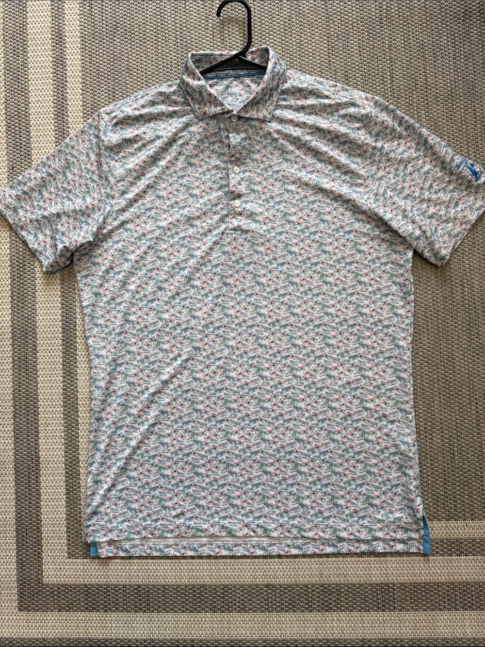 johnnie-O White Polo with Blue, Green, Red cassette print
